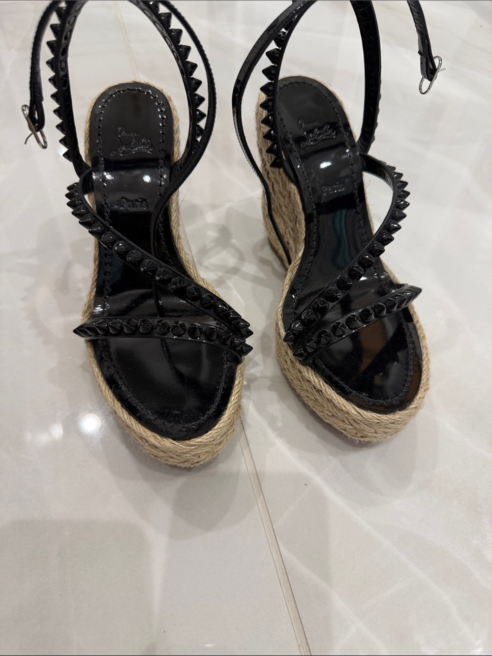 Christian Louboutin Black Patent Studded Espadrille Wedge Sandals